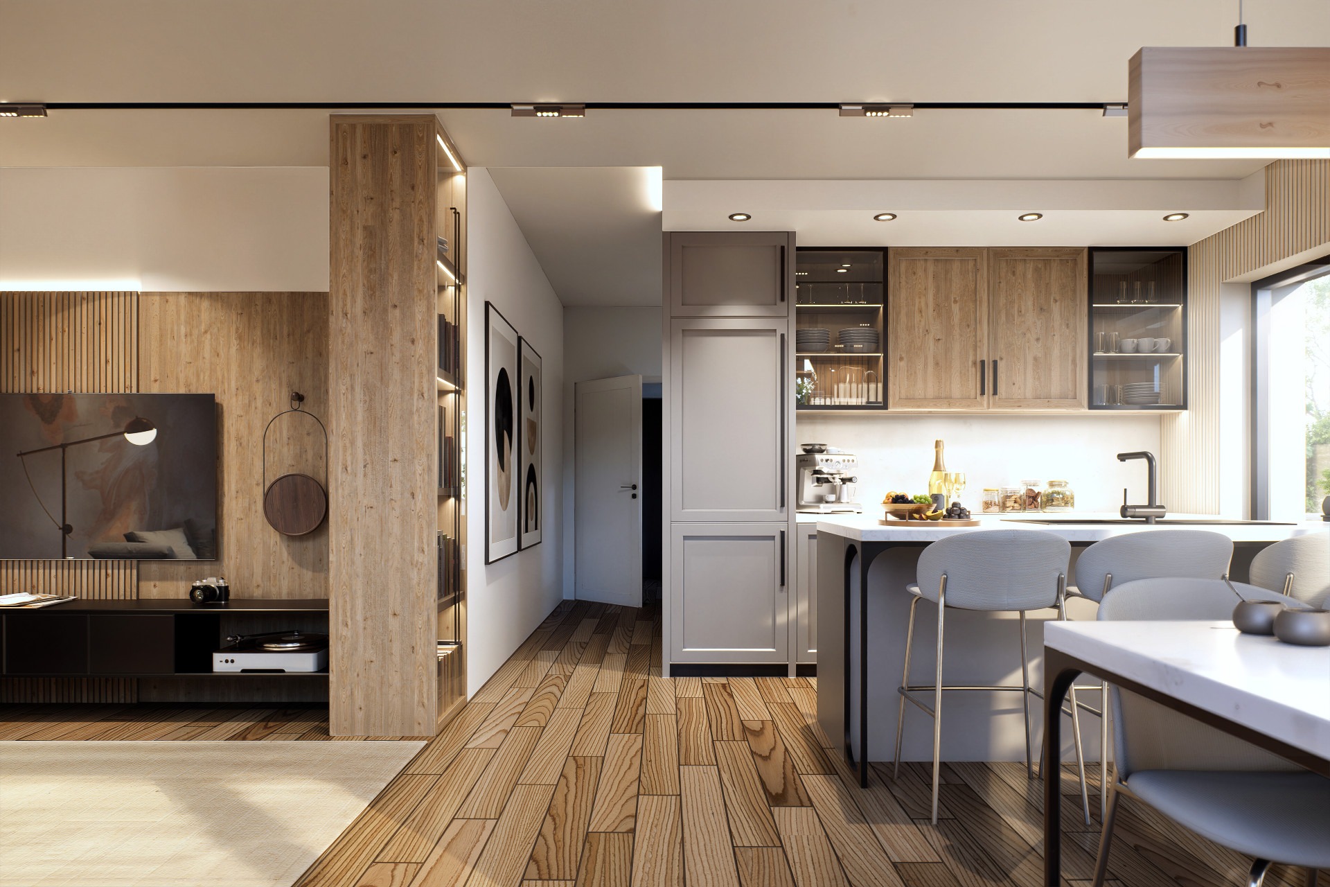Nowoczesne wnętrze: drewniana podłoga, ściana z lameli, minimalistyczna kuchnia z wyspą i szarymi krzesłami barowymi. Oświetlenie punktowe i dekoracje.