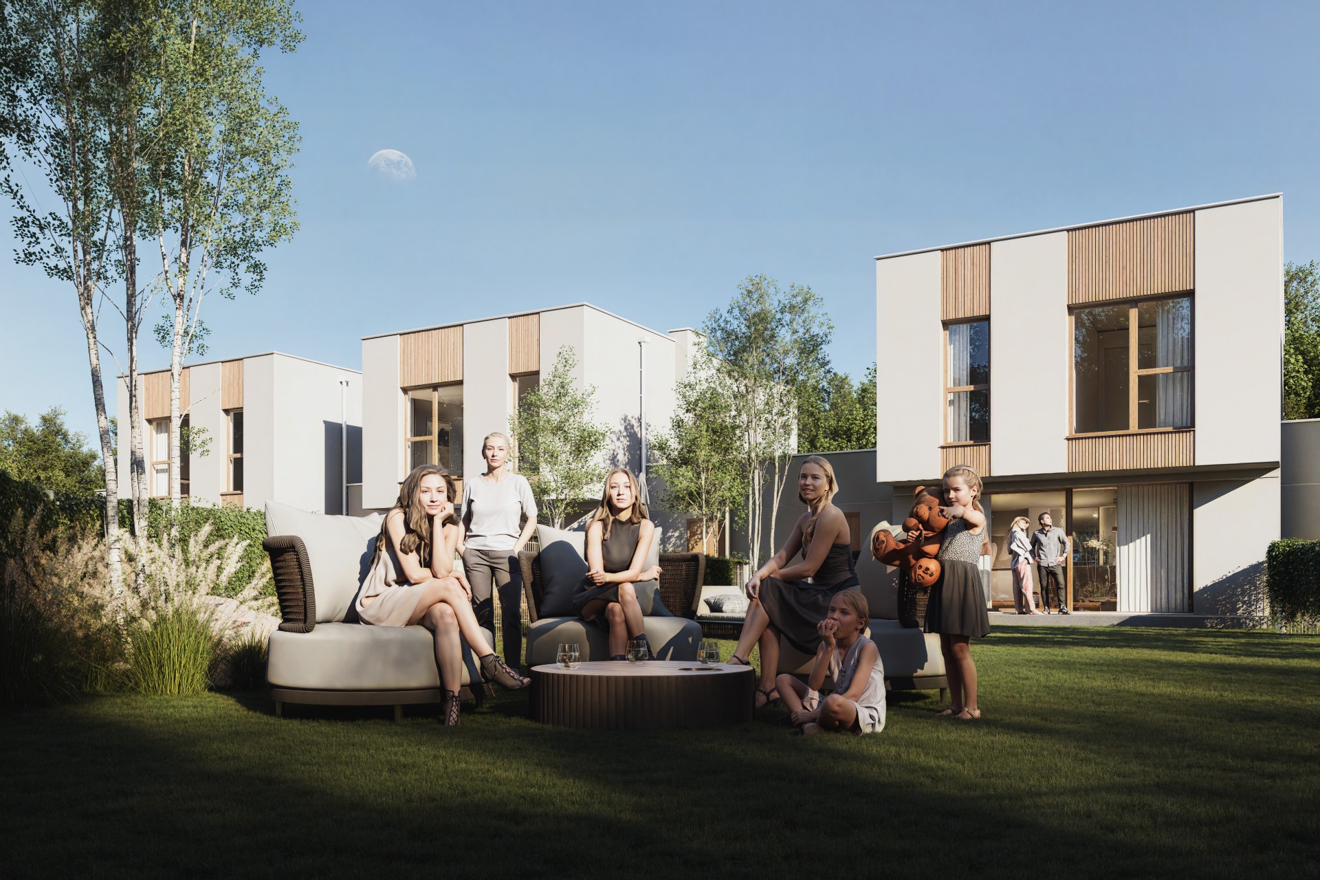 Wizualizacja osiedla domów jednorodzinnych z ogrodem, na pierwszym planie grupa kobiet i dzieci siedzących na meblach ogrodowych. W tle nowoczesna architektura budynków.