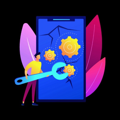 Ilustracja wektorowa przedstawiająca postać z kluczem naprawiającą pęknięty ekran smartfona z ikonami zębatek na niebieskim tle.