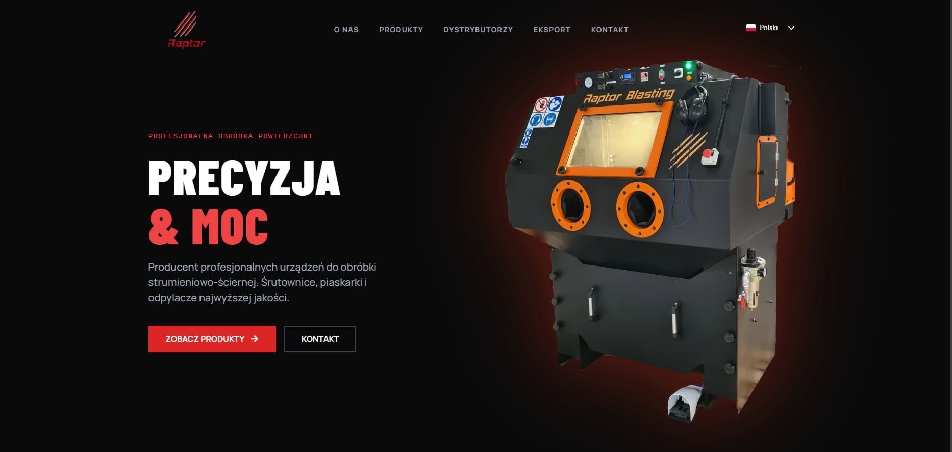 Piaskarka Raptor Blasting na stronie internetowej. Urządzenie do obróbki strumieniowo-ściernej, z pomarańczowymi akcentami, widoczne logo i hasło 'Precyzja & Moc'.