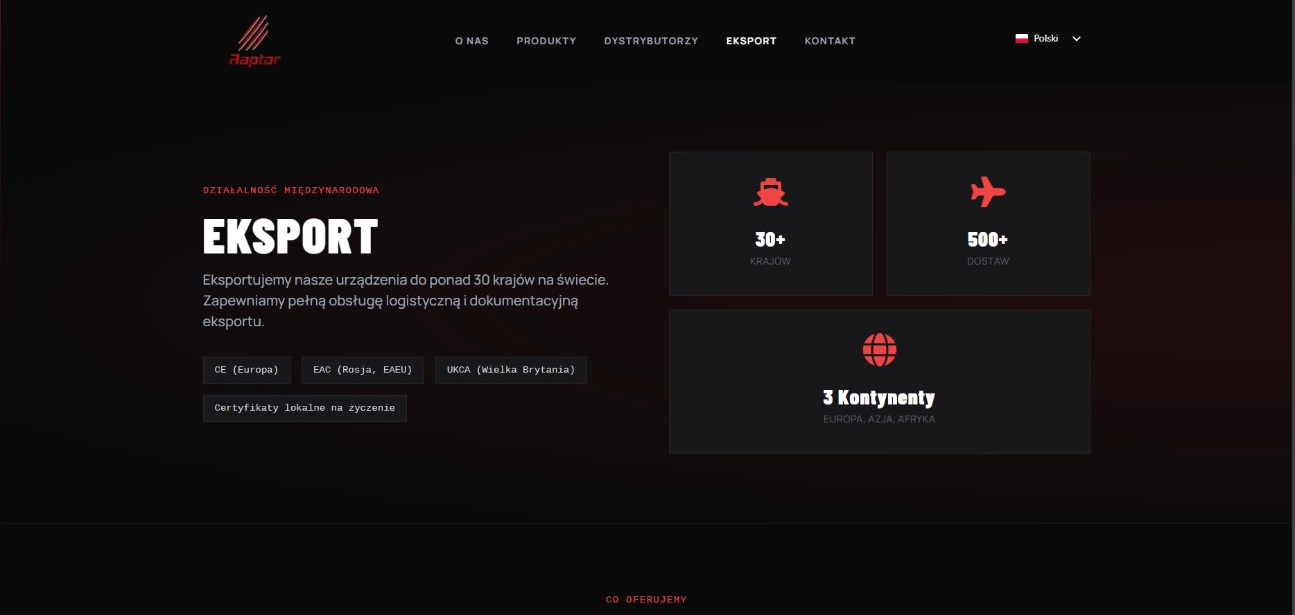 Strona internetowa firmy eksportującej urządzenia do ponad 30 krajów, z obsługą logistyczną i dokumentacyjną. Informacje o certyfikatach i zasięgu na 3 kontynentach.