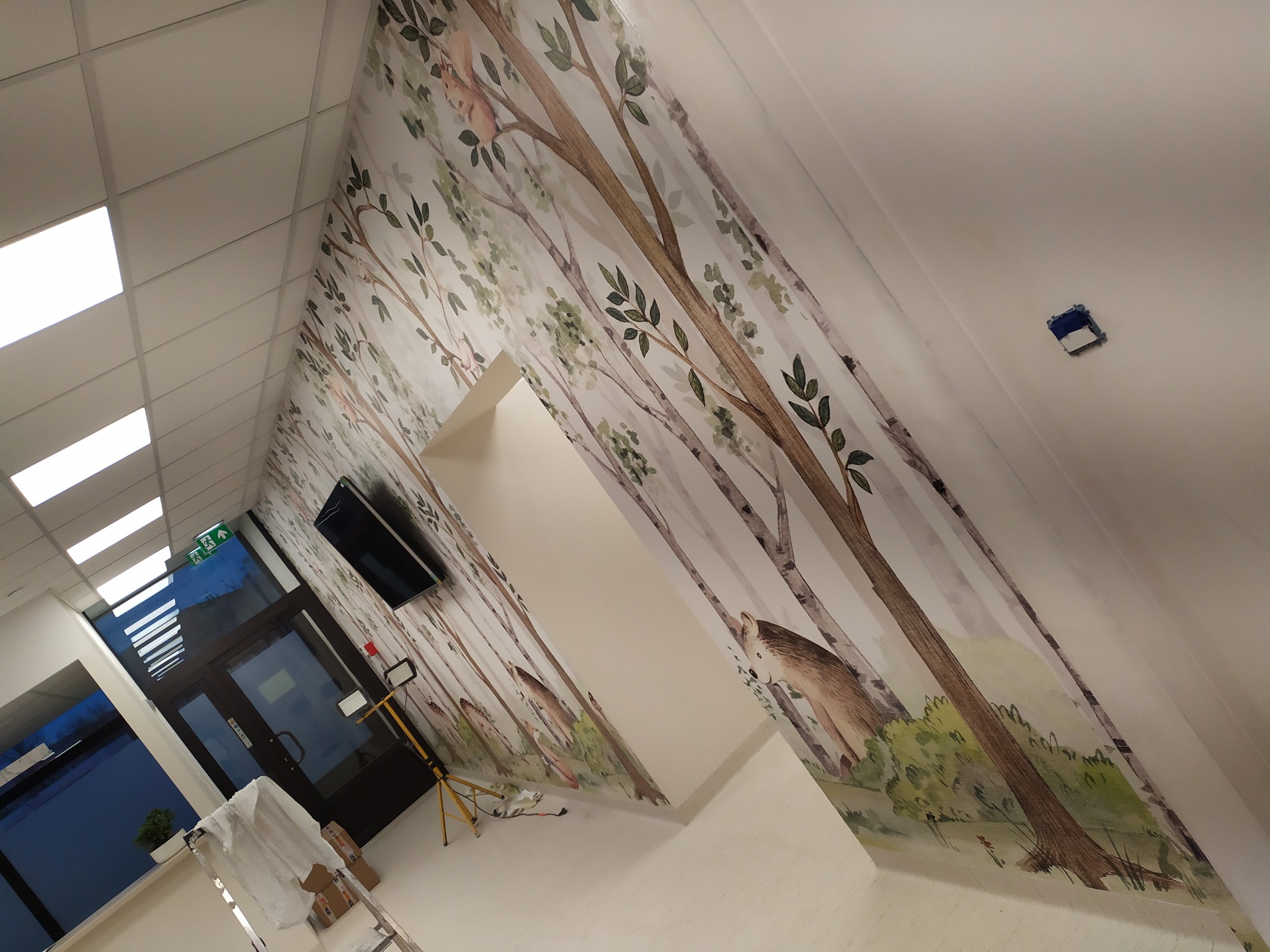 Korytarz z fototapetą przedstawiającą motyw leśny z wizerunkami zwierząt, widoczny fragment sufitu podwieszanego, drzwi oraz drabina malarska.