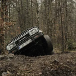 Suzuki Grand Vitara z numerem rejestracyjnym TSK R203 w terenie leśnym, koło zakopane w błocie, widok z przodu z niskiej perspektywy.