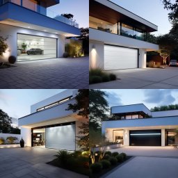 ZANSHIN Adam Mieszkowski - Cztery ujęcia nowoczesnych, białych domów z różnymi typami bram garażowych: segmentowa, przeszklona i z poziomymi panelami, oświetlonych zewnętrznymi lampami.