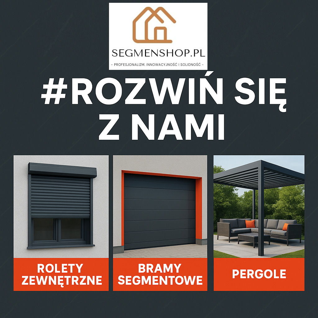 Rolety zewnętrzne, segmentowa brama garażowa i pergola metalowa w aranżacji. Prezentacja oferty firmy z branży.