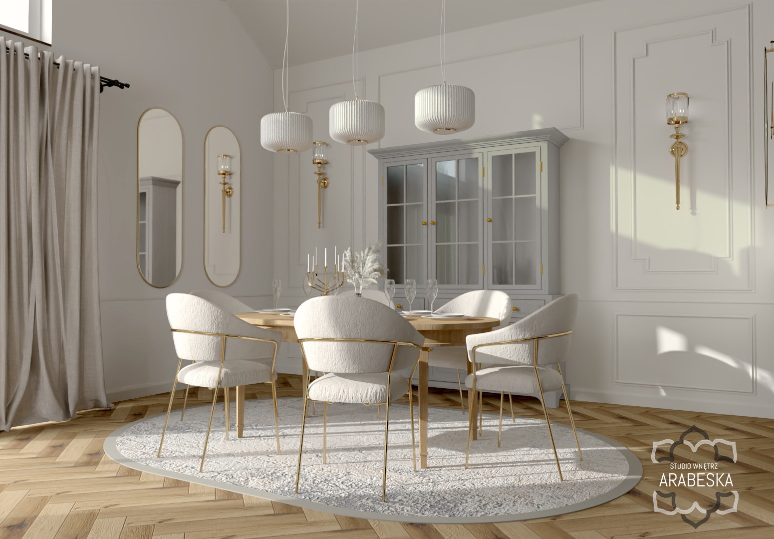 Elegancka jadalnia w odcieniach bieli i złota, z okrągłym stołem, krzesłami z welurową tapicerką i złotymi nogami, oświetlona trzema wiszącymi lampami z plisowanymi abażurami, na podłodze parkiet...