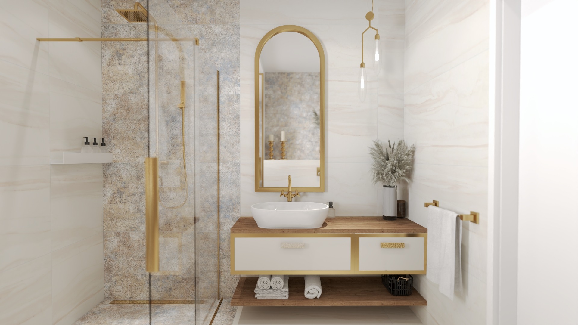 Elegancka łazienka z kabiną prysznicową typu walk-in, umywalką nablatową na drewnianym blacie z białymi szufladami, dużym lustrem w złotej ramie i złotymi detalami, takimi jak bateria, deszczownica...