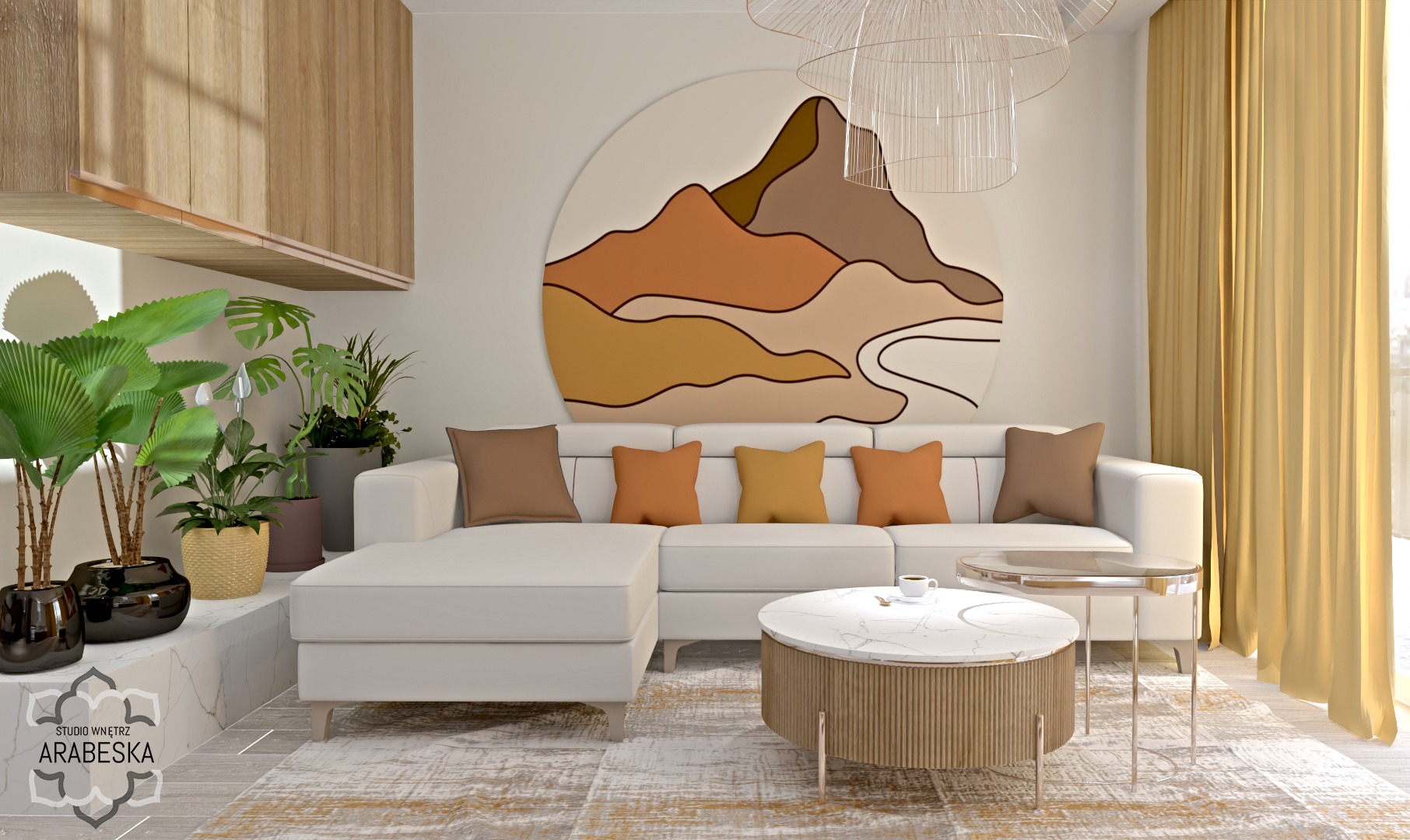 Jasny salon z narożną sofą, okrągłymi stolikami kawowymi, roślinami doniczkowymi i dekoracyjną grafiką górską na ścianie.