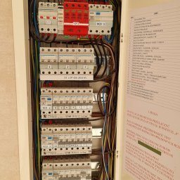 Rafał Skiba - Otwarta rozdzielnica elektryczna z rzędami wyłączników nadprądowych Hager, czterema RCD i czerwonym SPD, z czytelnym opisem obwodów na wewnętrznej stronie drzwi.