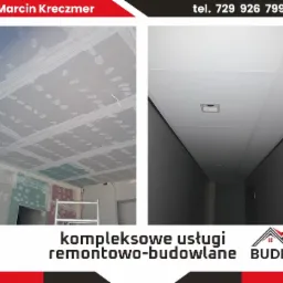 Dwa ujęcia sufitu: po lewej montaż płyt z widocznymi łączeniami i szpachlowaniem, po prawej gładki, pomalowany sufit z wbudowanym oświetleniem w wąskim korytarzu.