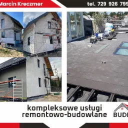 Kolaż zdjęć: dom w trakcie ocieplania i wykończenia elewacji, widoczne rusztowania; taras na dachu budynku z zamontowanymi panelami kompozytowymi i oknami dachowymi, narzędzia pracy w tle.