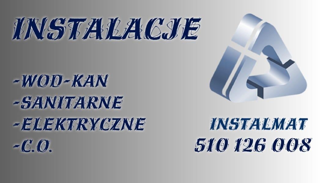 Grafika prezentująca logo firmy Instalmat z numerem telefonu oraz wypisane usługi: WOD-KAN, sanitarne, elektryczne, C.O.