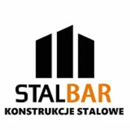 Logo firmy STALBAR specjalizującej się w konstrukcjach stalowych, z abstrakcyjnym symbolem przypominającym budynek i napisem 'KONSTRUKCJE STALOWE' poniżej nazwy.
