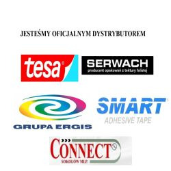 Logotypy firm Tesa, Serwach (producent opakowań z tektury falistej), Grupa Ergis, Smart Adhesive Tape oraz Connect Sokołów NLP umieszczone na białym tle pod napisem Jesteśmy oficjalnym dystrybutorem.