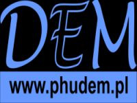 Logo firmy DEM z adresem strony internetowej www.phudem.pl na niebieskim tle.