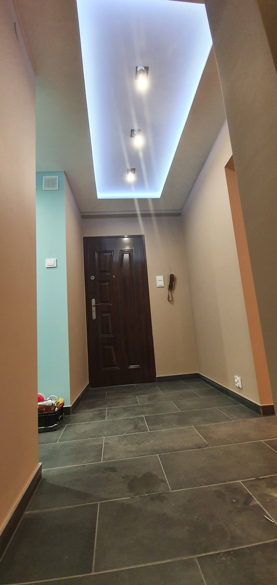 Nowoczesny przedpokój z ciemną, kamienną podłogą, podwieszanym sufitem z oświetleniem LED i brązowymi ścianami. Po lewej stronie ściana pomalowana na turkusowo.