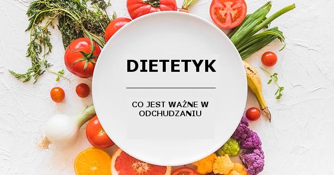 Kompozycja ze świeżych warzyw i owoców otaczających biały talerz z napisem 'Dietetyk. Co jest ważne w odchudzaniu'.
