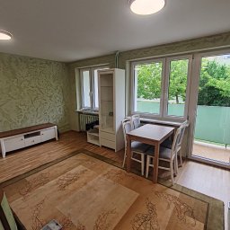 PikulBud - Jasne wnętrze pokoju z teksturowaną ścianą, drewnianą podłogą i dywanem w orientalne wzory. Widoczne meble: stół, krzesła, szafka RTV i regał. Za oknem zieleń.