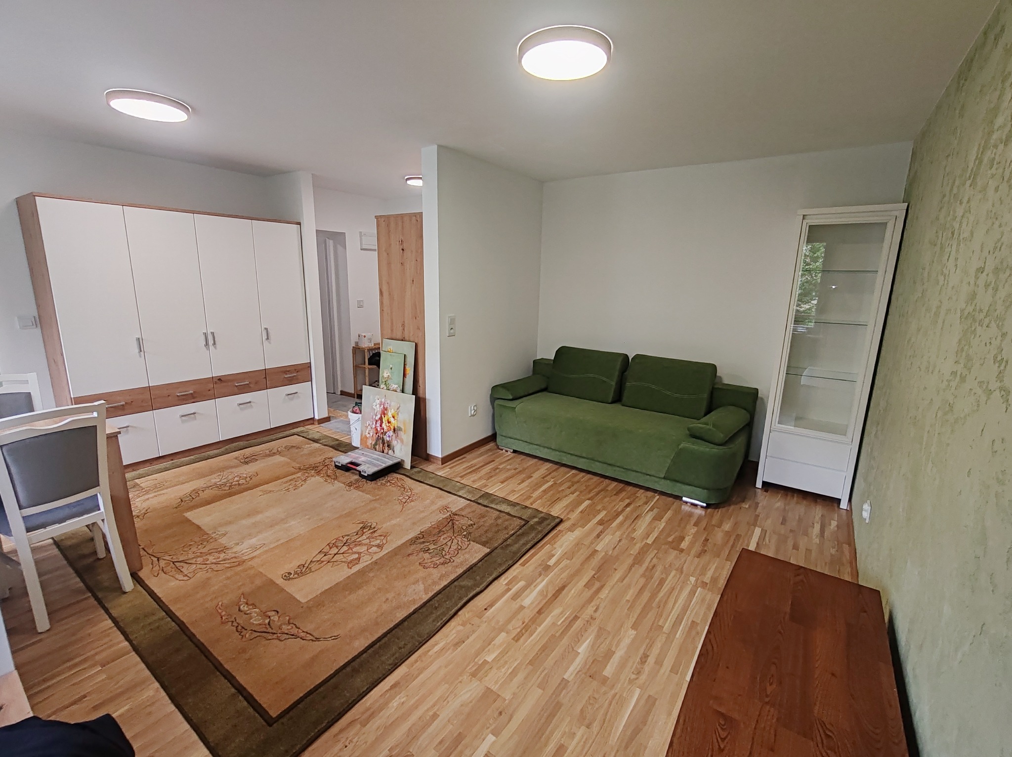 Jasne wnętrze salonu z drewnianą podłogą, zieloną sofą i wzorzystym dywanem. W tle biała szafa w zabudowie i witryna. Widoczne oświetlenie sufitowe i dekoracje.