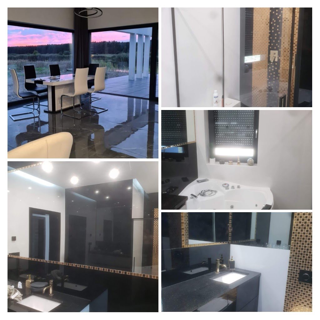 Kolaż czterech zdjęć: jadalnia z widokiem na jezioro o zachodzie słońca, kabina prysznicowa z mozaiką, narożna wanna z hydromasażem pod oknem z roletą oraz umywalka z czarnym blatem i złotą armaturą.