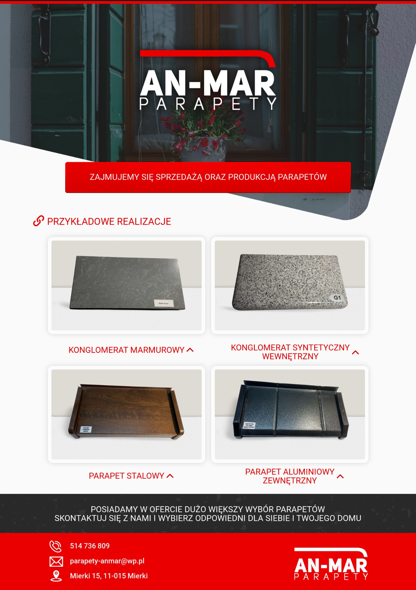 Prezentacja firmy AN-MAR PARAPETY oferującej sprzedaż i produkcję parapetów, z przykładami realizacji: konglomerat marmurowy, konglomerat syntetyczny wewnętrzny, parapet stalowy i aluminiowy...