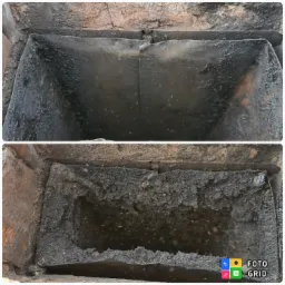 Porównanie stanu przewodu kominowego: przed czyszczeniem, z grubą warstwą sadzy, i po czyszczeniu, z widoczną, czystą powierzchnią. Zdjęcie ukazuje skuteczność usługi.