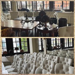 Nat-Lux Paulina Cech - Sala konferencyjna lub restauracyjna przed otwarciem: rzędy krzeseł z jasną tapicerką, stoliki z lampami Tiffany, widok na rzekę przez okna.