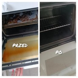 Nat-Lux Paulina Cech - Zdjęcie porównawcze: wnętrze piekarnika silnie zabrudzone tłuszczem i resztkami jedzenia (po lewej, podpis 'PRZED') i ten sam piekarnik czysty, z błyszczącymi elementami (po prawej, podpis 'PO').