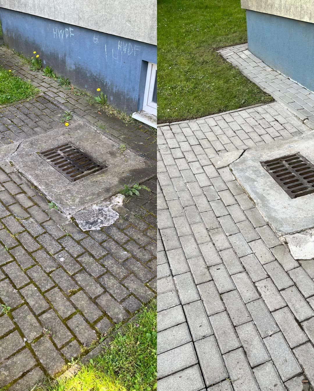 Porównanie kostki brukowej przed i po czyszczeniu: po lewej zanieczyszczona mchem i brudem, po prawej czysta i odświeżona, z widoczną kratką kanalizacyjną.