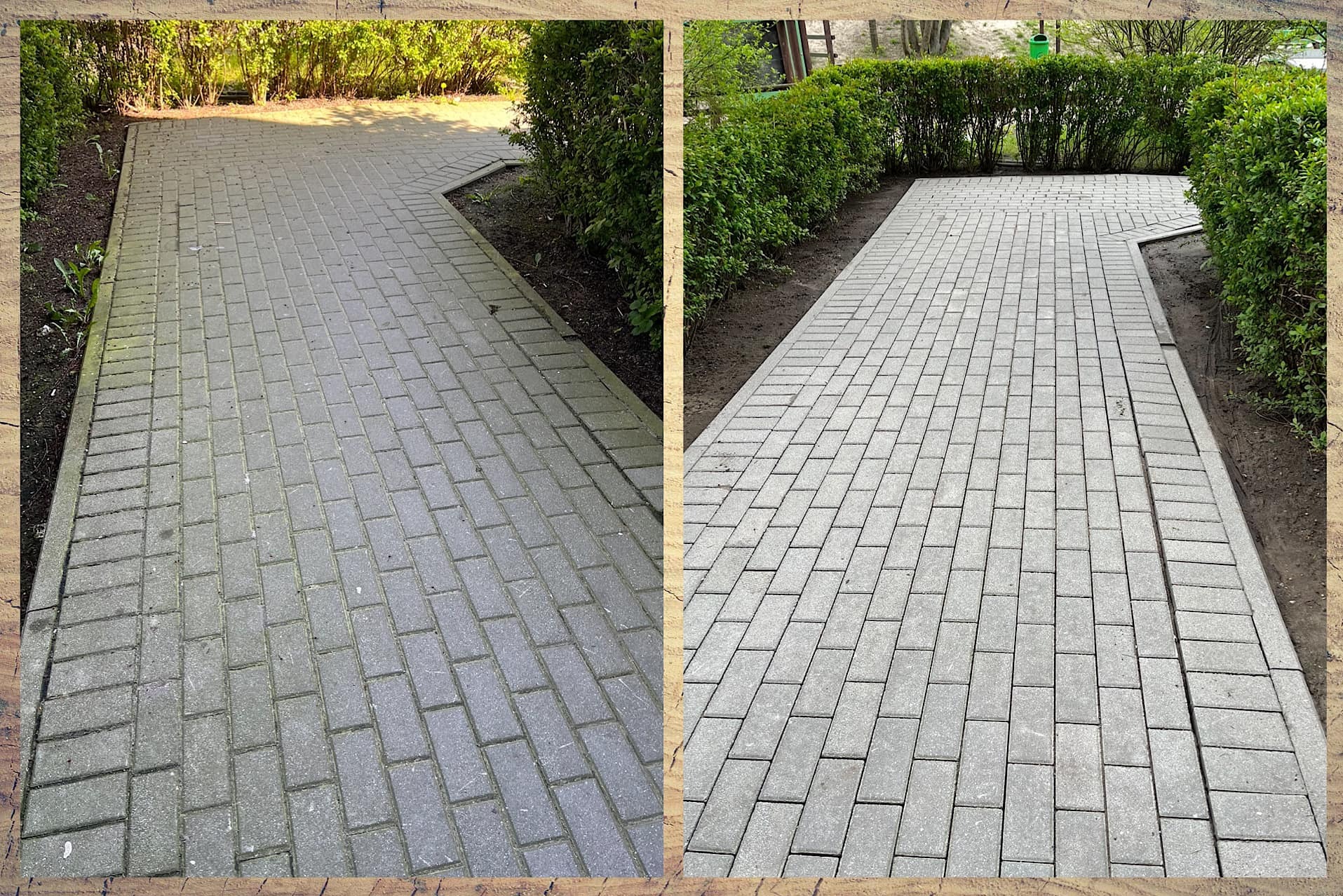 Porównanie kostki brukowej przed i po czyszczeniu, widoczne znaczne usunięcie zabrudzeń i mchu, zarys zieleni w tle.