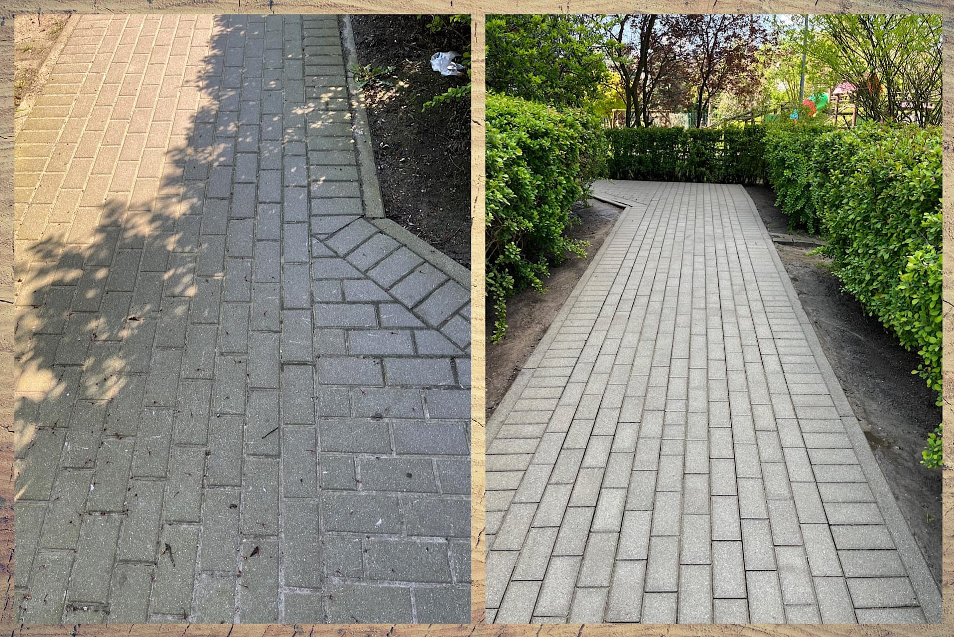 Porównanie kostki brukowej przed i po czyszczeniu: po lewej stronie brudna, z liśćmi i plamami, po prawej stronie czysta, otoczona zielenią.