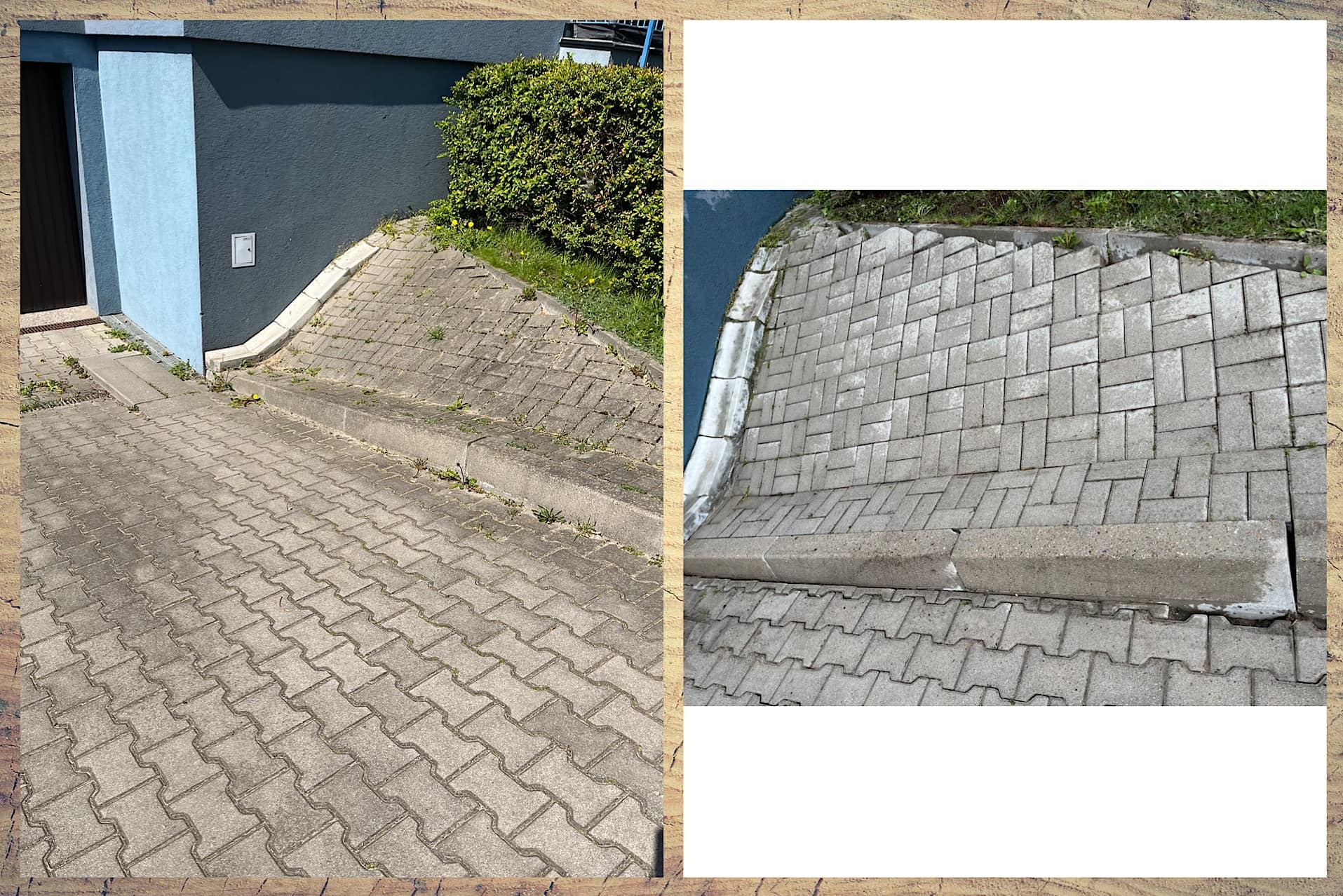 Szara kostka brukowa ułożona na podjeździe, z widocznymi chwastami i mchem, przylegająca do ściany budynku z elementami zieleni.