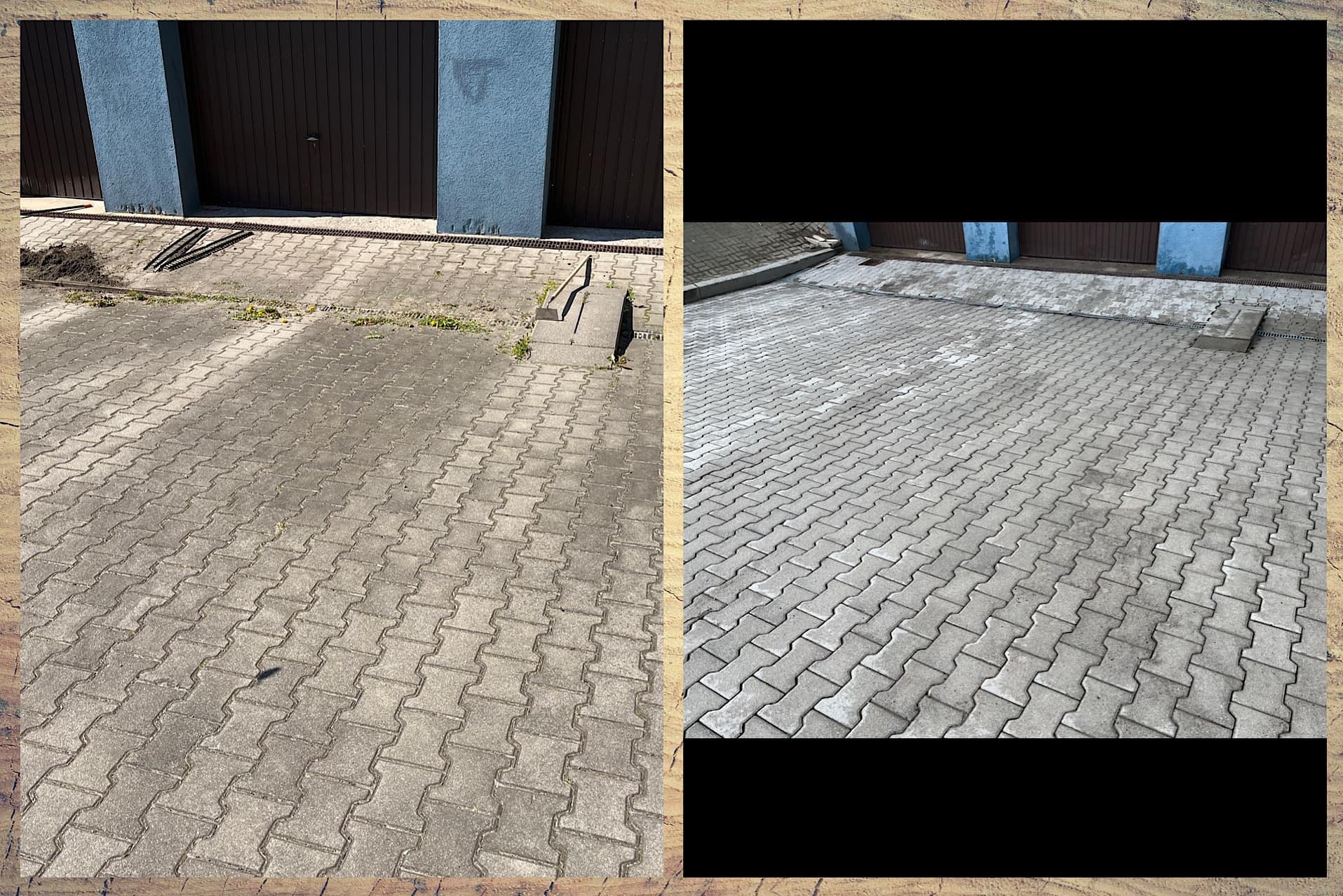 Porównanie powierzchni z kostki brukowej przed i po czyszczeniu. Lewa strona jest brudna i porośnięta chwastami, a prawa strona jest czysta i jasna. W tle widoczne fragmenty garaży z niebieskimi...
