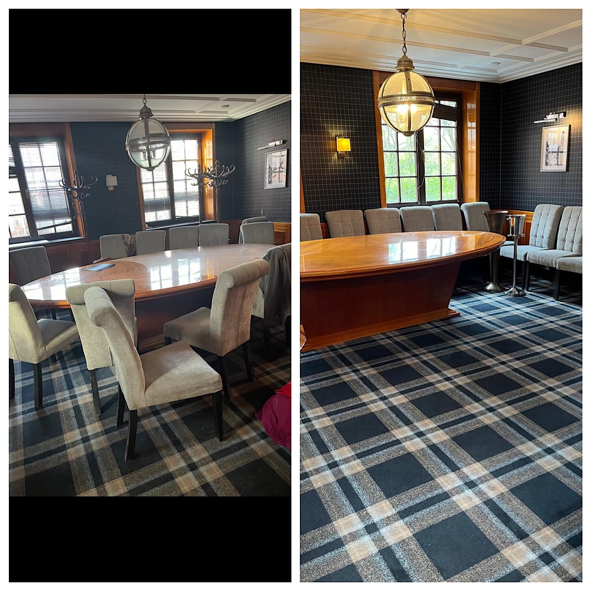 Sala konferencyjna z dużym owalnym stołem z drewna, krzesłami z tapicerką w kolorze szarym, wzorzystą wykładziną podłogową w kratę i ozdobną lampą wiszącą w stylu retro.