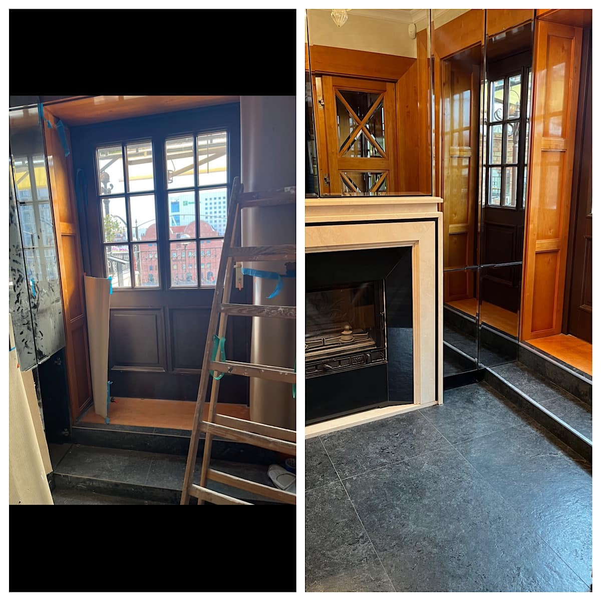 Dwa ujęcia wnętrza: po lewej schody i wejście zabezpieczone kartonem, z drabiną przystawioną do kolumny, po prawej kominek z czarnym wkładem i drewniana zabudowa z lustrami, szara posadzka.