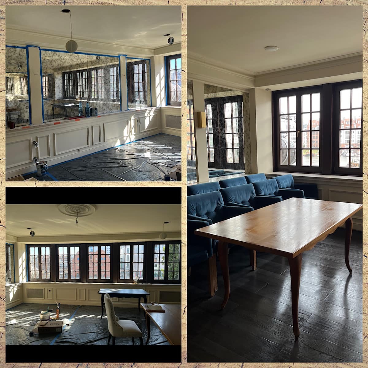 Wnętrze biura w trakcie odświeżania: folia ochronna na podłodze, taśma malarska zabezpieczająca ściany i okna, widoczne puszki z farbą, przygotowane do malowania.