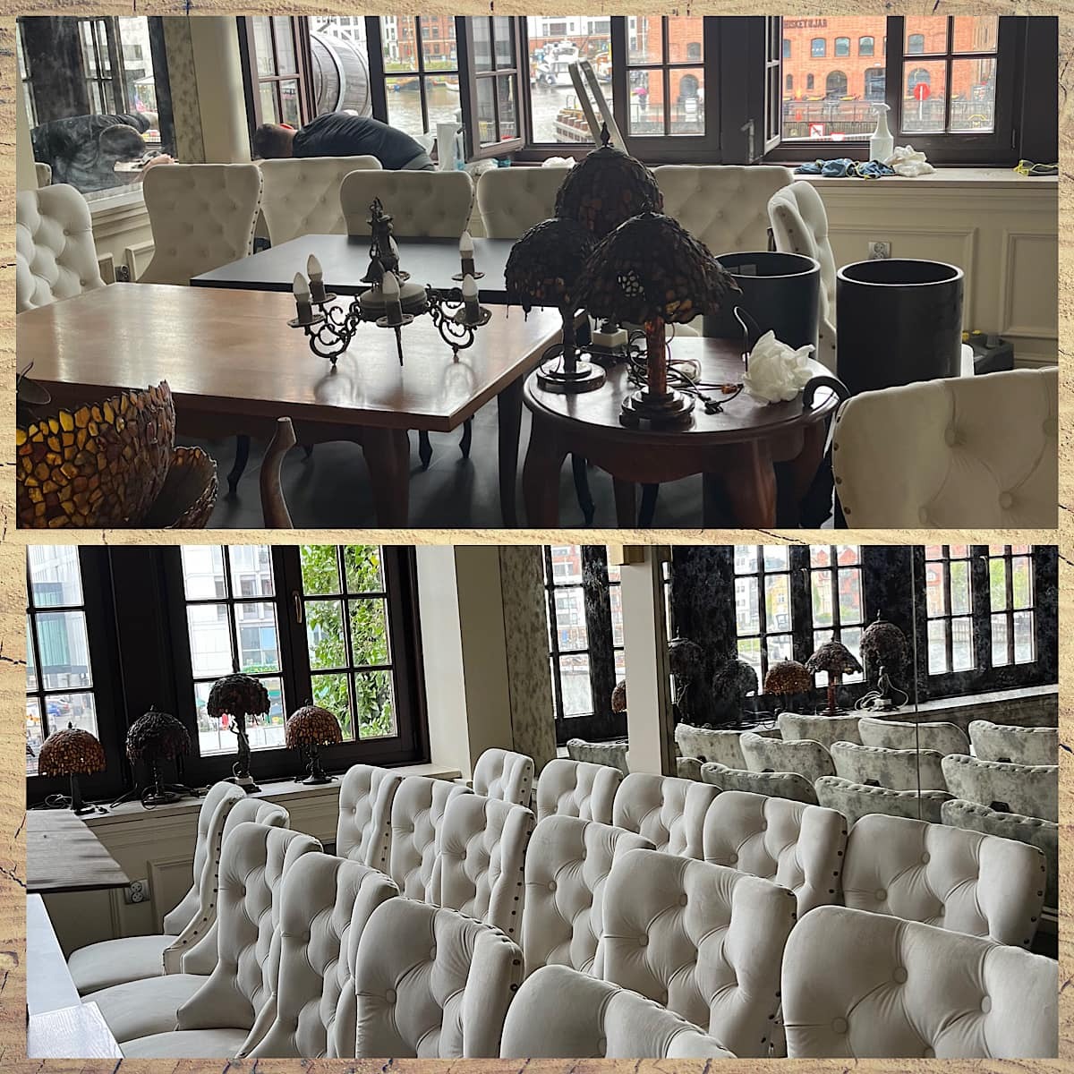 Sala konferencyjna lub restauracyjna przed otwarciem: rzędy krzeseł z jasną tapicerką, stoliki z lampami Tiffany, widok na rzekę przez okna.