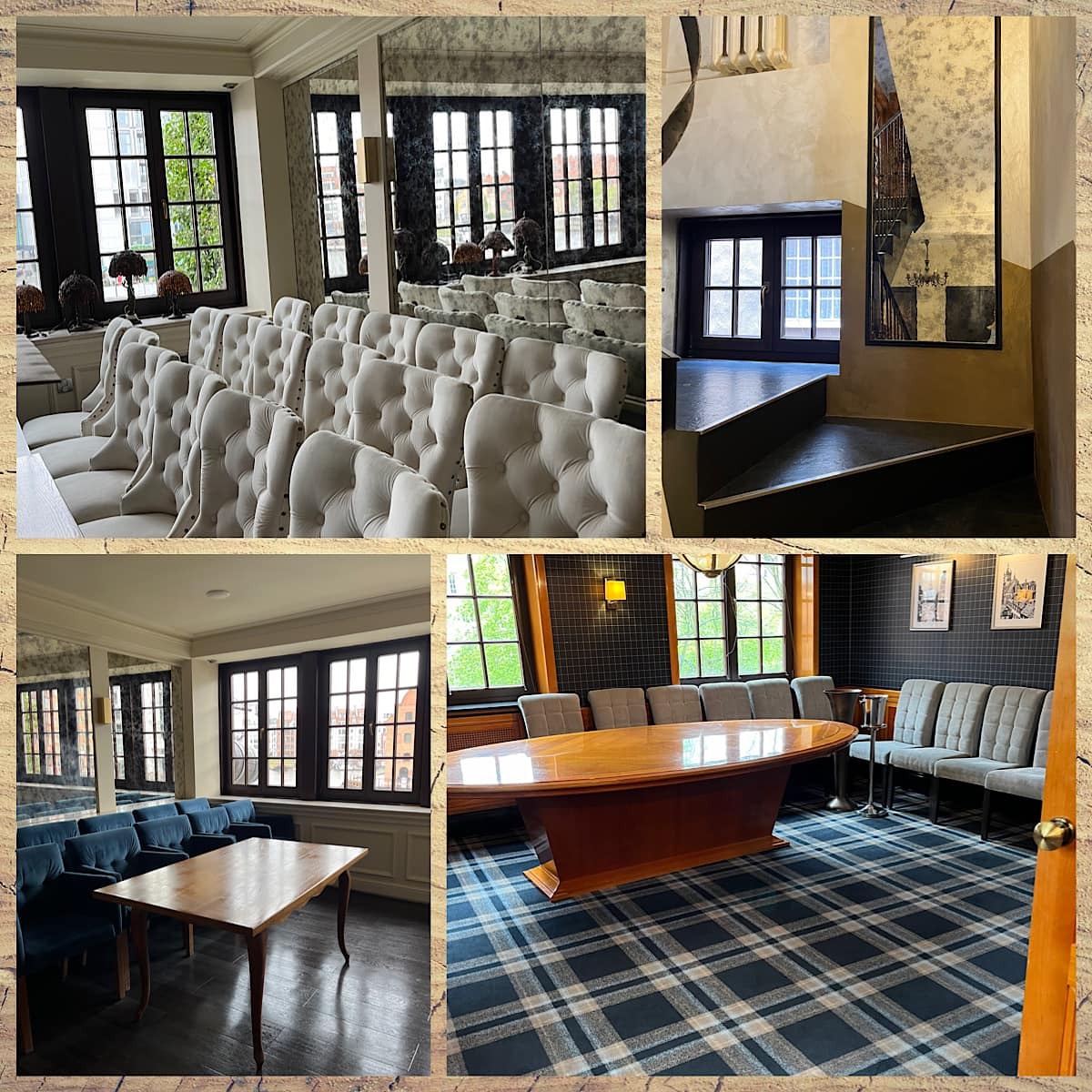 Kolaż zdjęć przedstawiających wnętrza biurowe w Gdańsku: sala konferencyjna z długim drewnianym stołem i krzesłami na wzorzystej podłodze, sala z rzędami tapicerowanych krzeseł oraz klatka schodowa...