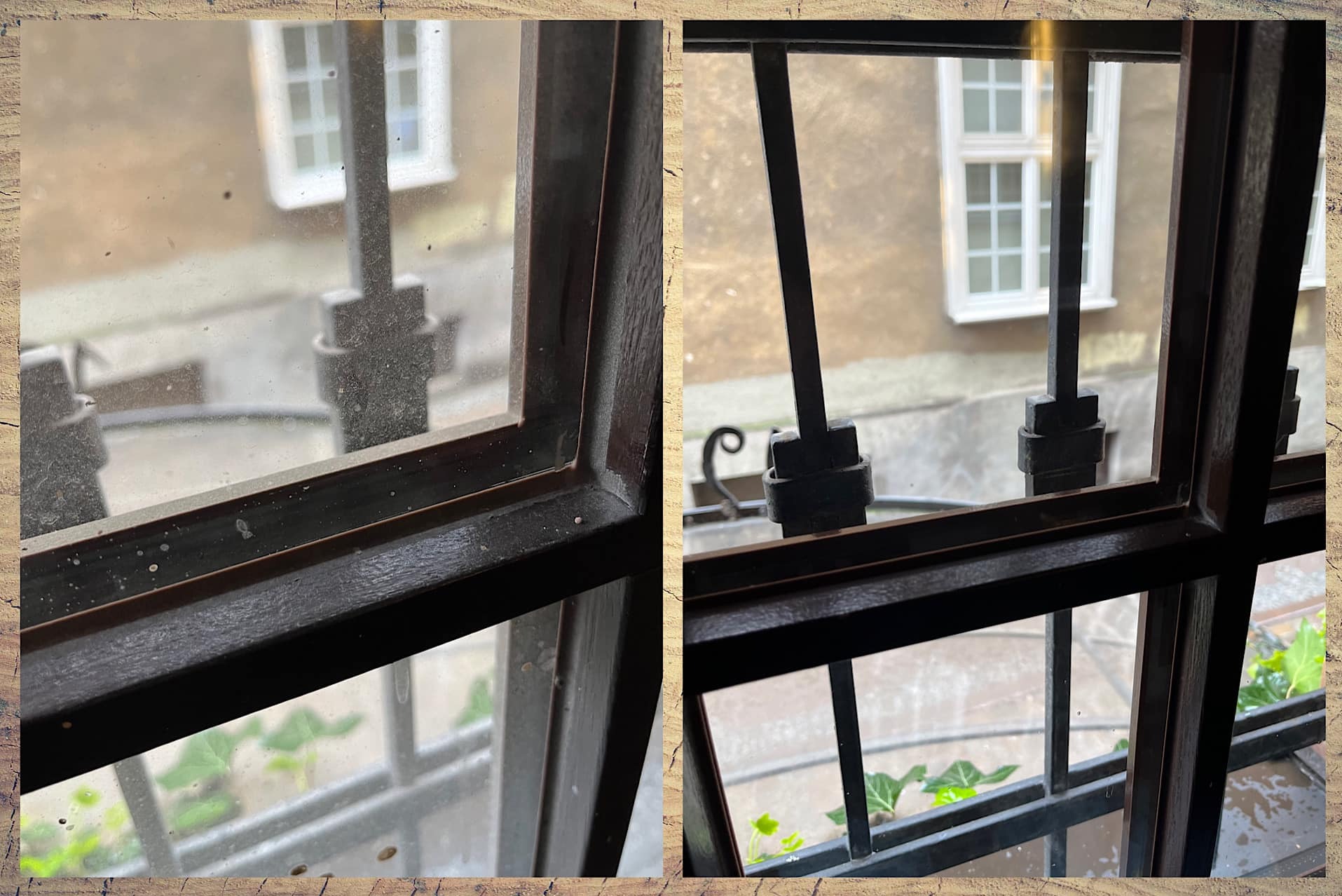 Porównanie okna przed i po czyszczeniu: po lewej stronie brudne szyby z widocznymi smugami i osadami, po prawej czyste, przejrzyste okno z odbiciem światła słonecznego i widoczną roślinnością...
