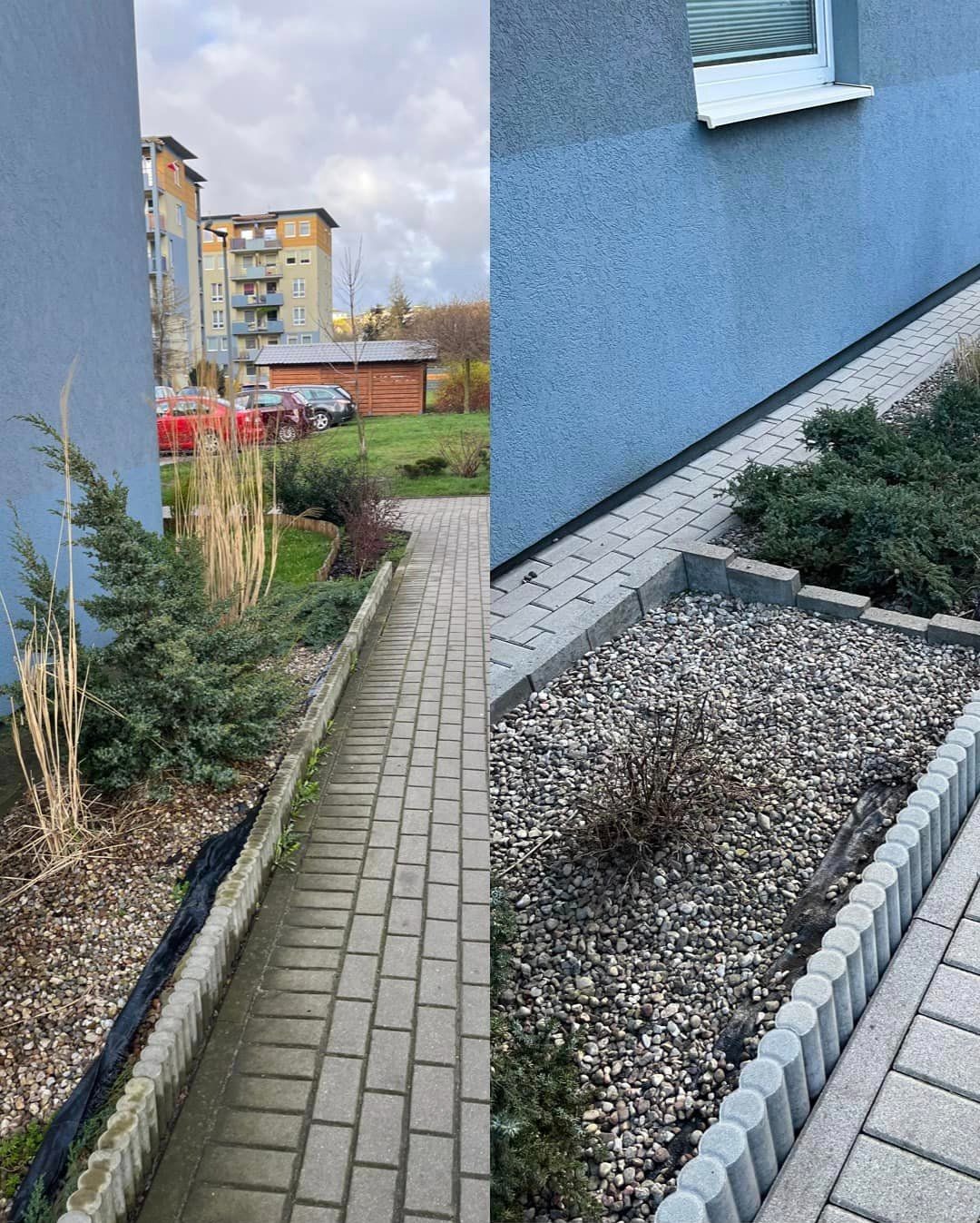 Porównanie stanu chodnika i rabatki przed i po czyszczeniu/uporządkowaniu, widoczne różnice w czystości kostki brukowej i wyglądzie roślinności.