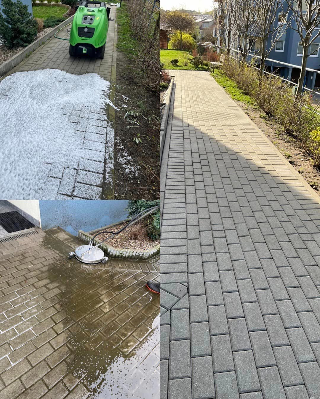 Porównanie stanu kostki brukowej przed i po czyszczeniu: po lewej stronie piana i mokra powierzchnia w trakcie pracy, po prawej sucha, czysta kostka brukowa. Widoczna maszyna czyszcząca.