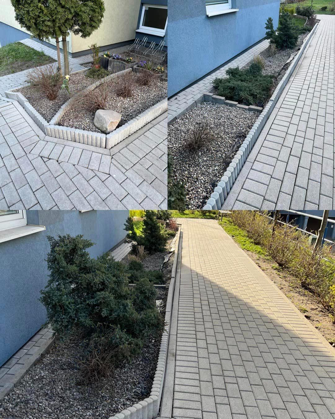 Ułożona kostka brukowa tworząca ścieżkę i obrzeża rabat z roślinami ozdobnymi oraz drzewami w ogrodzie przydomowym, widok z perspektywy chodnika.