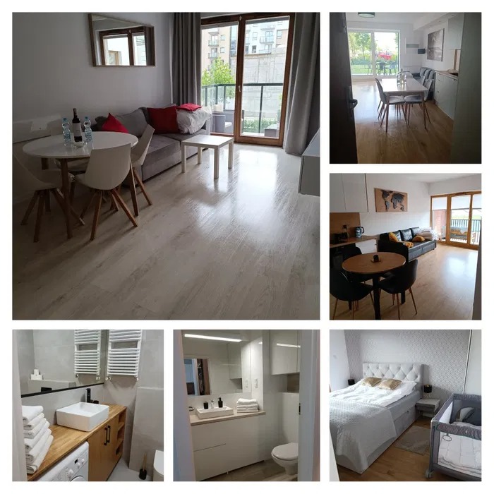 Kolaż zdjęć przedstawiający wnętrze mieszkania po kompleksowym remoncie: salon z wyjściem na balkon, kuchnia z jadalnią, łazienka z pralką i sypialnia z łóżeczkiem dziecięcym.