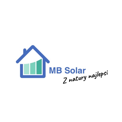 Logo firmy MB Solar: niebieski obrys domu z zielonymi panelami słonecznymi w środku, napis 'MB Solar najlepsi. Z natury najlepsi' po prawej stronie.