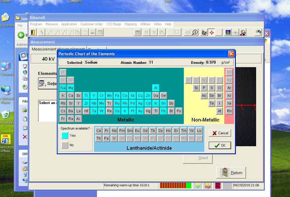 Zrzut ekranu programu XMaster przedstawiającego układ okresowy pierwiastków z zaznaczonym sodem, Atomic Number 11, Density: 0.970 g/cm²