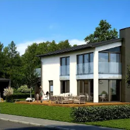 Wizualizacja dwukondygnacyjnego domu murowanego z płaskim dachem, drewnianym tarasem i garażem, otoczonego zielenią, z sylwetkami spacerujących osób.