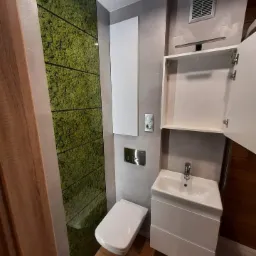 Nowoczesna łazienka z toaletą podwieszaną, umywalką z szafką, grzejnikiem panelowym i ścianą akcentową z mchu, oświetlona punktowo.