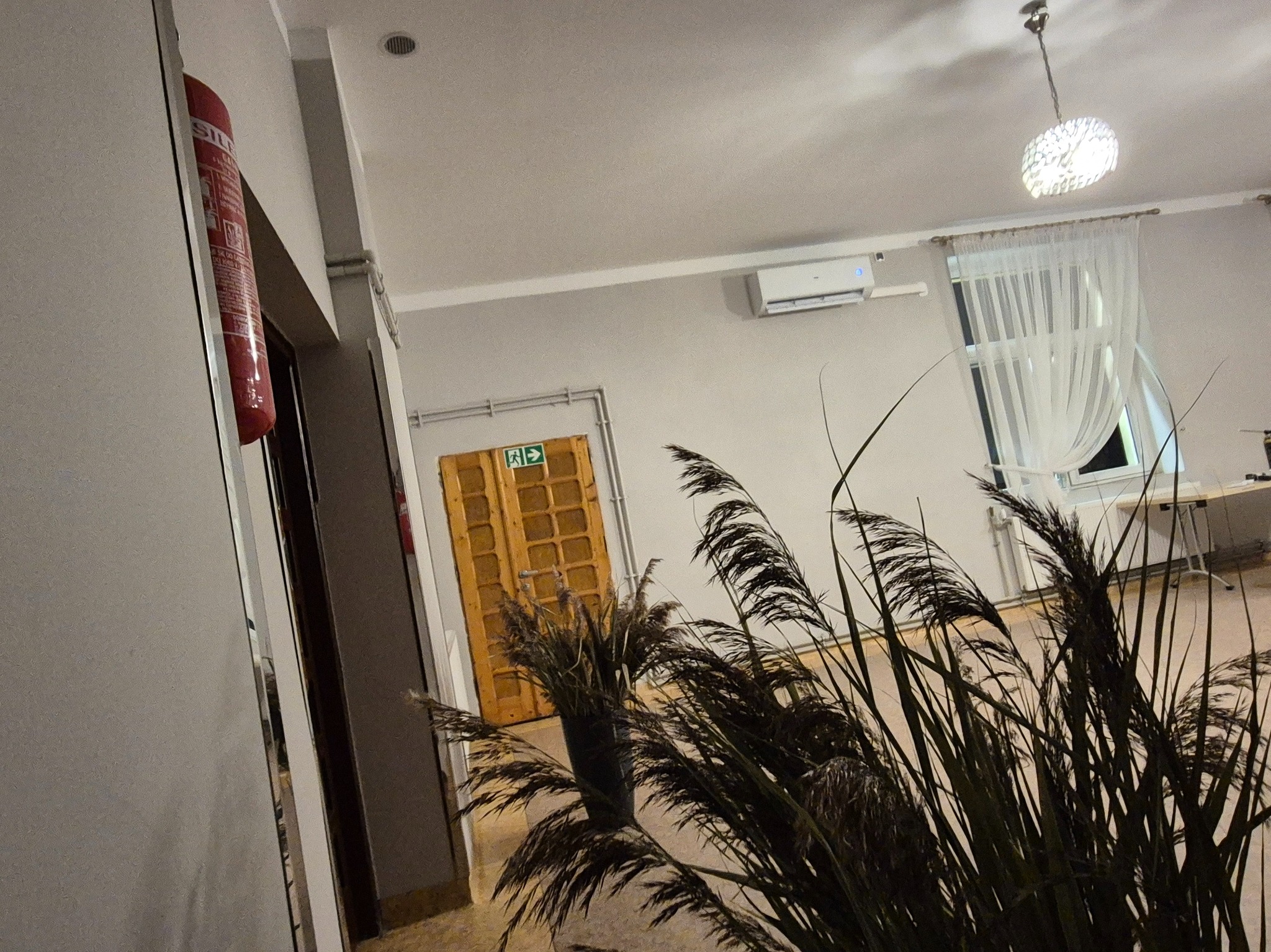 Wnętrze biura z klimatyzacją ścienną, widok z dołu na urządzenie. Na pierwszym planie dekoracyjna trawa, w tle drzwi ewakuacyjne i gaśnica.