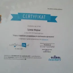 Skan certyfikatu ukończenia kursu 'Praca z dzieckiem przejawiającym zachowania agresywne' przez Sylwię Wojnar, wydany przez Niepubliczną Placówkę Oświatową Szkolna24.pl w dniu 2021-05-31,...