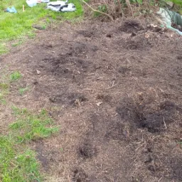 Przygotowany teren pod trawnik z widocznymi workami ziemi i resztkami roślinności, gotowy do zasiewu lub rozłożenia trawy z rolki.